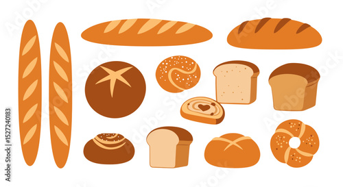 Assortment of bread vector illustration, bakery products, baguette, loaf, bun, and sliced bread collection