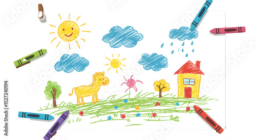 Child drawing with crayons art illustration of a house sun clouds horse trees and flowers on paper
