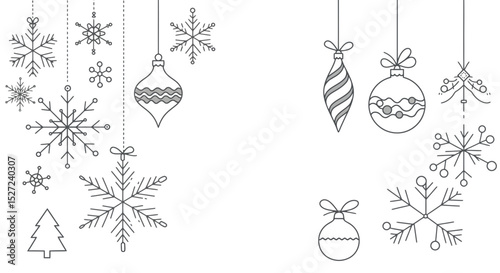 Christmas ornaments and snowflakes vector design for holiday season greetings and winter background decoration