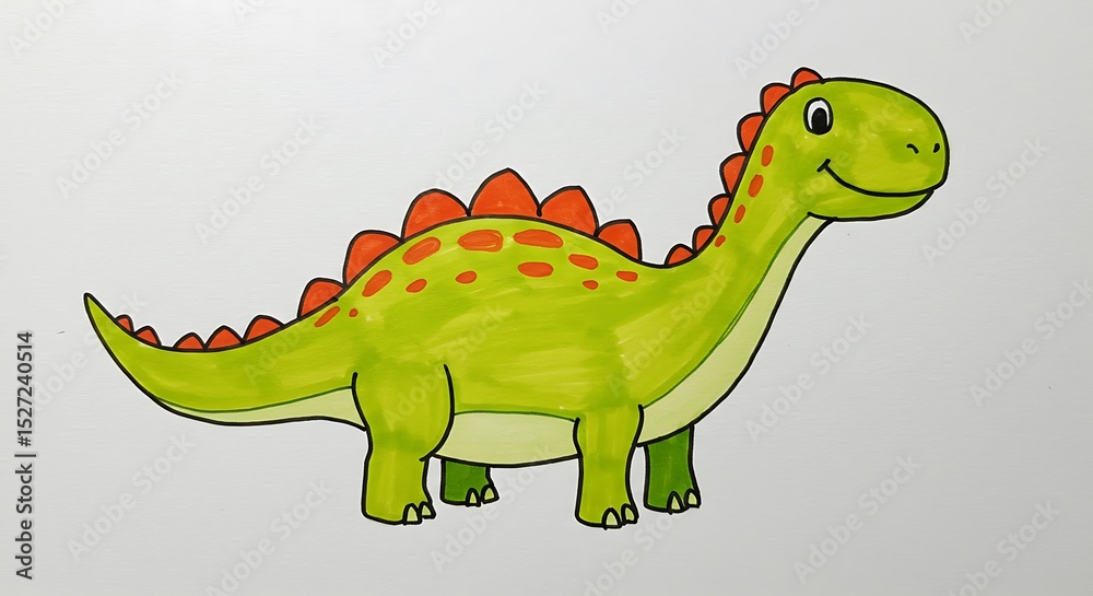 Fototapeta premium A child-style drawing of a dinosaur with uneven outlines, bright colors, and smiling expression, centered on a white background 