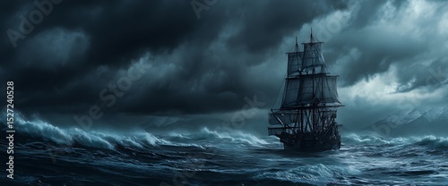 Ancient sailing ship battles the stormy sea under dramatic cloudy sky.