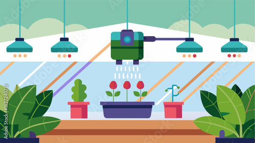 An automated irrigation system equipped with sensors that regulate the water levels needed for various plants in the greenhouse ensuring efficient water management.. Vector illustration