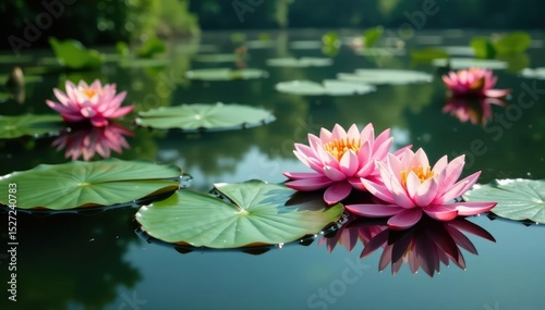 Water lilies creating a floral pattern across a still lake, plant, surface, flower
