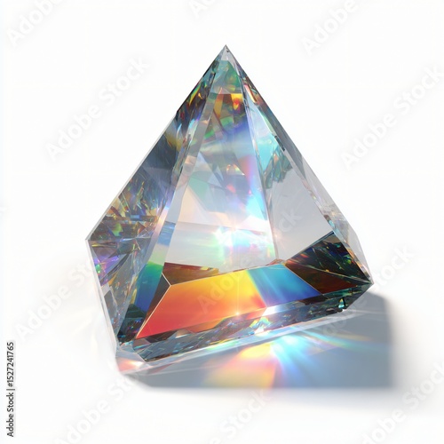 Abstract crystal pyramid refracts light creating a spectrum of vivid colors on a white background.