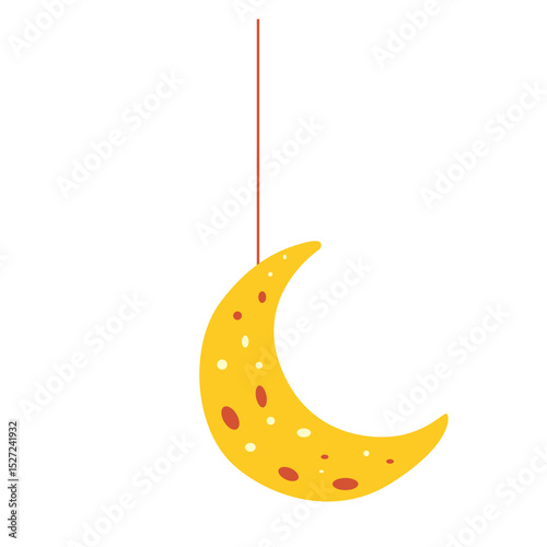 Yellow crescent moon hanging on a red string. Ideal for bedtime stories, dreamy themes, or cute celestial illustrations for children.