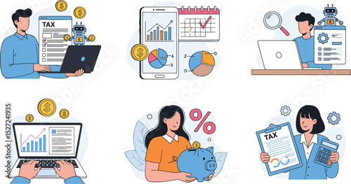 Tax declaration illustration set. Characters preparing documents for tax calculation, making income tax return and calculating business invoices. Taxation concept. 