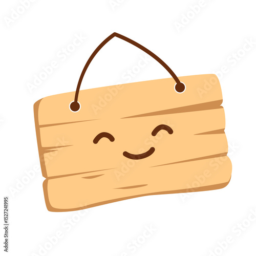 Cartoon wooden signboard with a happy smiling face and hanging string, ideal for kids' content, fun decor, or cheerful labels.

