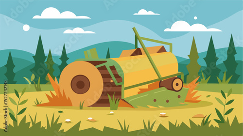 A brokendown hay baler lies on its side a overgrown grass its mechanical parts exposed and damaged a clear sign of the decline in hay production.. Vector illustration