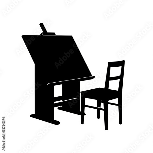 A silhouette of an easel and a chair, white background.