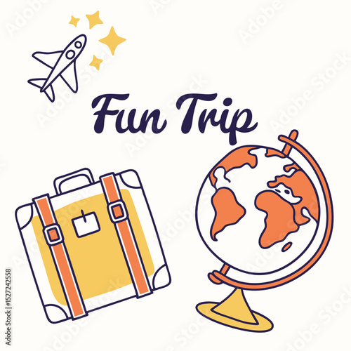 Colorful Illustration of Travel Elements with a Suitcase Globe and Airplane