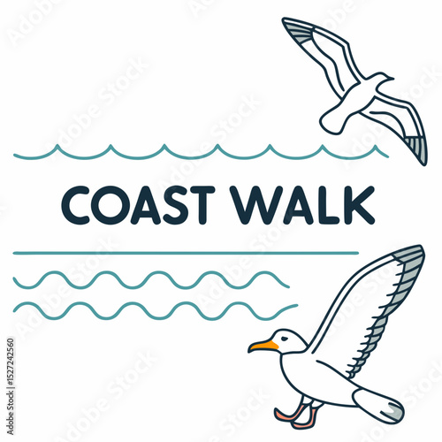 Coast Walk Graphic with Seagulls and Waves Illustration for Travel and Tourism