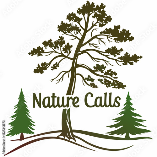 Nature Calls Logo with Trees and Text in Green and Brown Hues