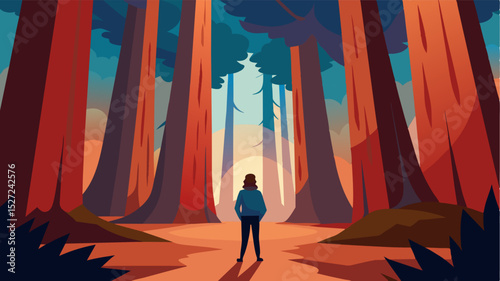 An individual standing in a majestic redwood forest gazing up at the towering trees and feeling a sense of strength and resilience.. Vector illustration