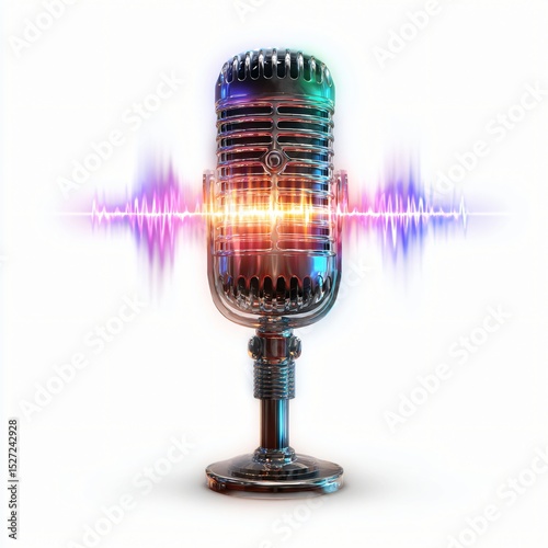 A vintage-style microphone glows with vibrant waveforms, capturing the energy and essence of sound.