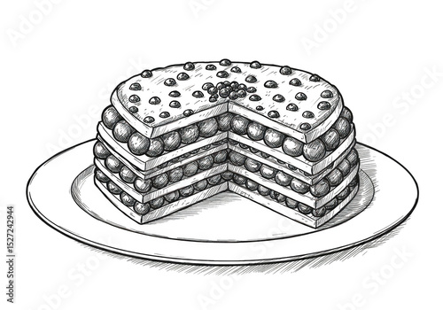 Sketch of a blueberry cake with a slice cut out isolated on transparent background