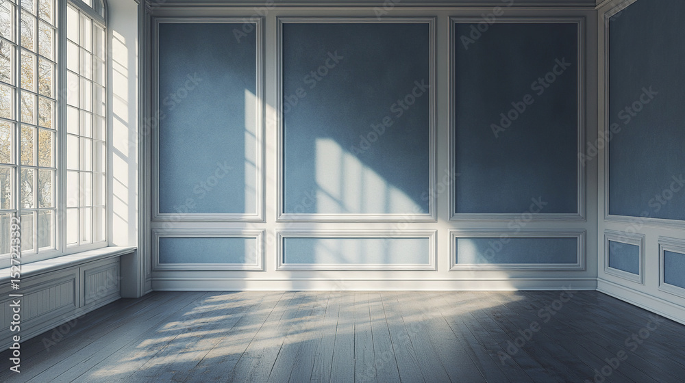 Fototapeta premium serene empty living room with blue tones and natural light streaming through large windows