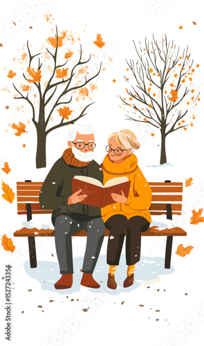 Senior couple reading book together flat vector design