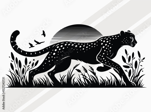 Leaping Cheetah Silhouette Art Print for Wildlife and Safari Decor Inspiration, Cheetah on the Hunt SVG