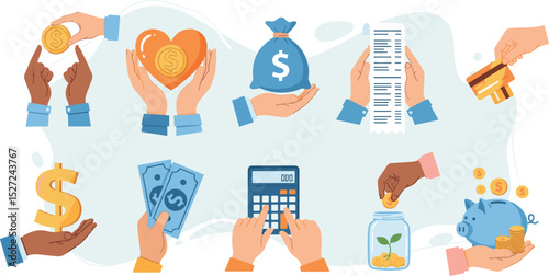 Hand gestures illustration set. Characters hands holding bill, credit card, cash money and other business and finance stuff.