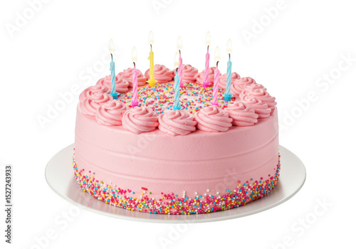 Pink birthday cake with candles isolated on transparent background