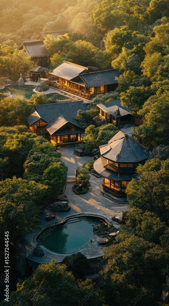Fototapeta premium Aerial view of Asian temple complex at dawn
