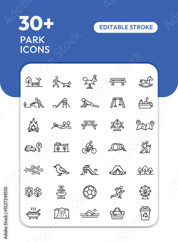 Collection of park icons featuring playground equipment, trees, benches, and recreational activities in a simple line art style.
