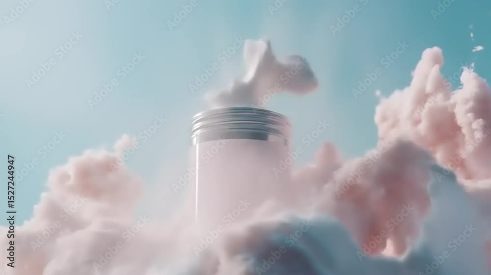 Soft pastel clouds envelop a cosmetic bottle, creating a dreamy atmosphere, ideal for beauty promotions