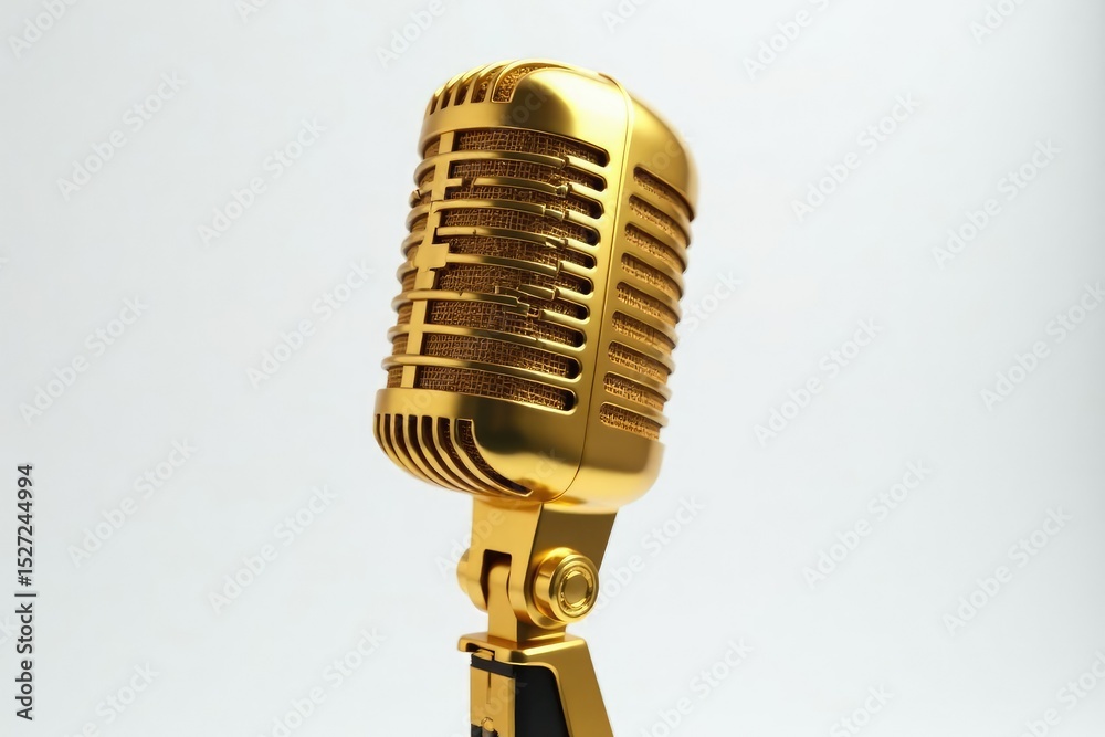 Fototapeta premium Golden microphone on white backdrop, hiphop vibe, mic, show