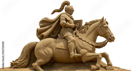 Fototapeta Naklejka Na Ścianę i Meble -  A large scale sand sculpture of a knight with horse, realistic texture and shadowing, displayed on a clean white isolated background, detailed and lifelike, 