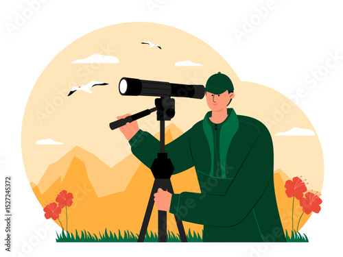 Man watching bird using monocular to see clearly. Bird watch illustration. Flat vector illustration.