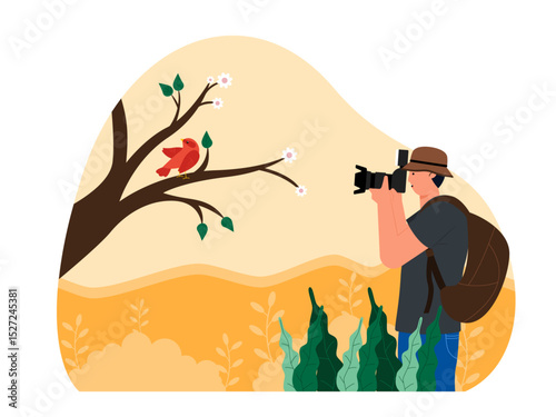 Taking pictures of small birds on tree branches. Bird watch illustration. Flat vector illustration.