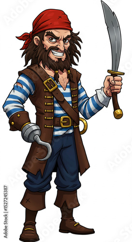  Fearless Pirate Cartoon Character with Iron Hook and Saber Standing Boldly Vector Illustration