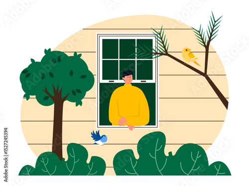 Young man standing by the window, looking at small birds on a tree near the house. Bird watch illustration. Flat vector illustration.
