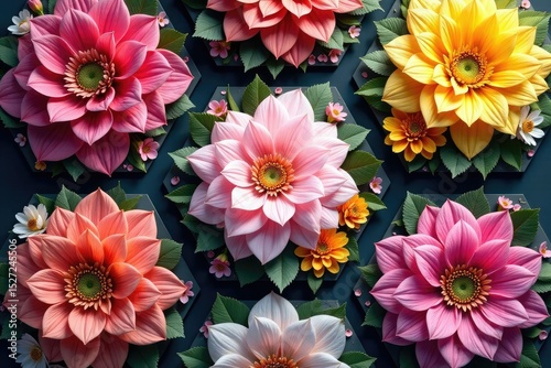 Intricate floral bouquets arranged in hexagons, texture, nature, summer
