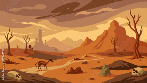 A bleak and desolate landscape home only to the bones of animals that couldnt survive the famine that ravaged the land.. Vector illustration