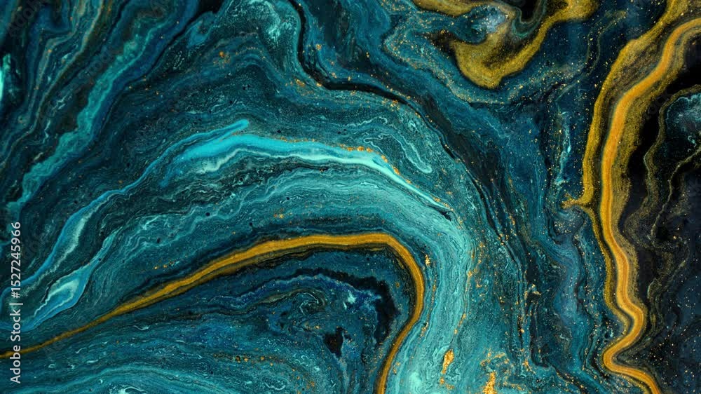 Marble abstract acrylic background. Green and Gold marbling artwork texture. Agate ripple pattern Gold powder.