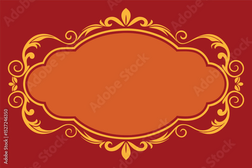graphic with an ornate, oval-shaped frame in a warm orange hue, outlined in gold. The frame features decorative swirling patterns and leaf-like embellishments. The background is a solid, 