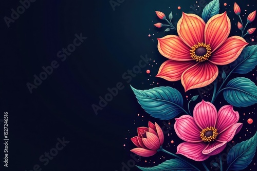 Intricate line art blooming flowers, dark background, graphic, art