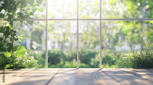 Sunny window view with wooden deck.