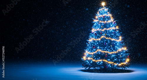 Festive Christmas Tree Illuminated by Lights in a Snowy Night Scene