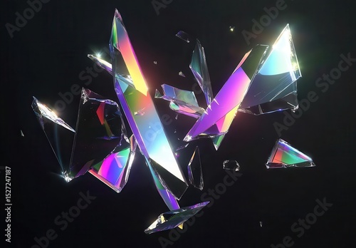 Shattered iridescent glass fragments on black background
