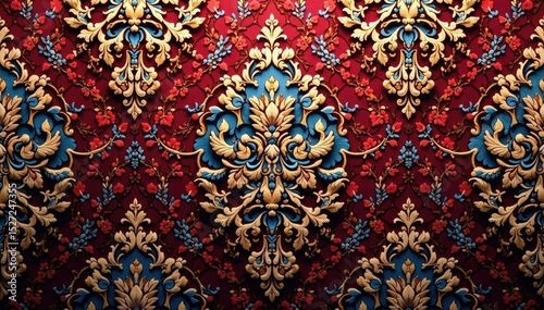 Intricate woven damask fabric, opulent texture, home decor, tapestry