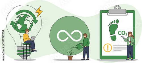 Circular economy illustration set. Sustainable economic growth strategy, recourses reuse and reduce co2 emission and climate impact. ESG, green energy and industry concept. 