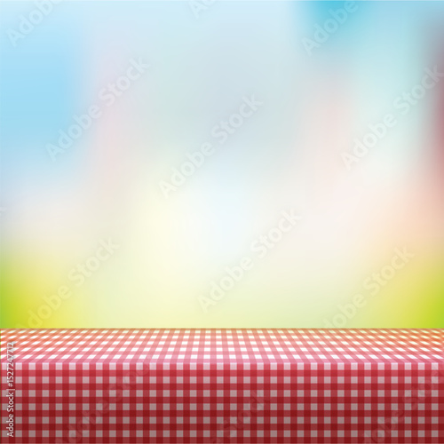 Picnic Table with Checkered Cloth - Summer Outdoor Background. Vector