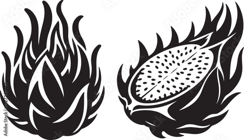 Dragon Fruit Black Silhouette Vector, Exotic Tropical Clipart & Healthy Food Design