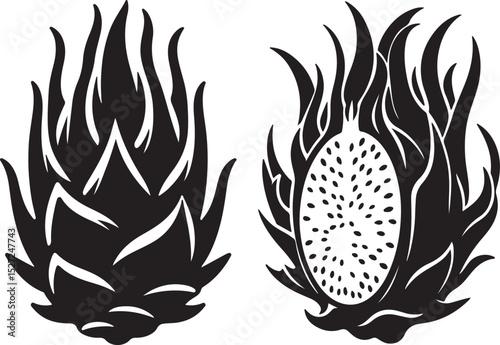Dragon Fruit Black Silhouette Vector, Exotic Tropical Clipart & Healthy Food Design