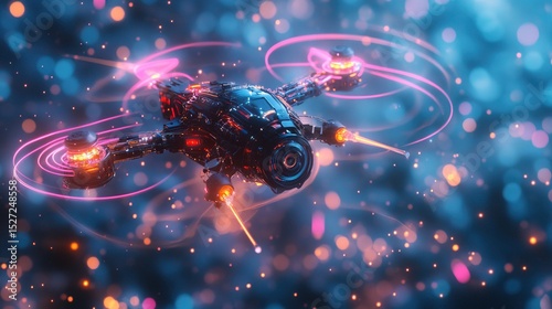 A miniature sci-fi drone entangled in glowing fiber optic wires 