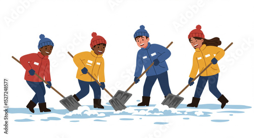  Cartoon Janitors Working Together Cleaning Snow from Street with Manual Shovels Vector Illustration