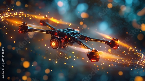 A miniature sci-fi drone entangled in glowing fiber optic wires 