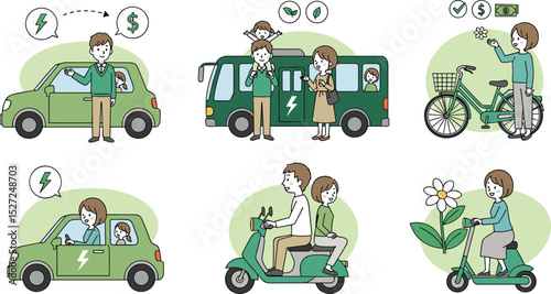 Sustainable transportation illustration set. Characters standing near private electric car, e-bike and public bus. Environmental friendly transport concept. Vector illustration